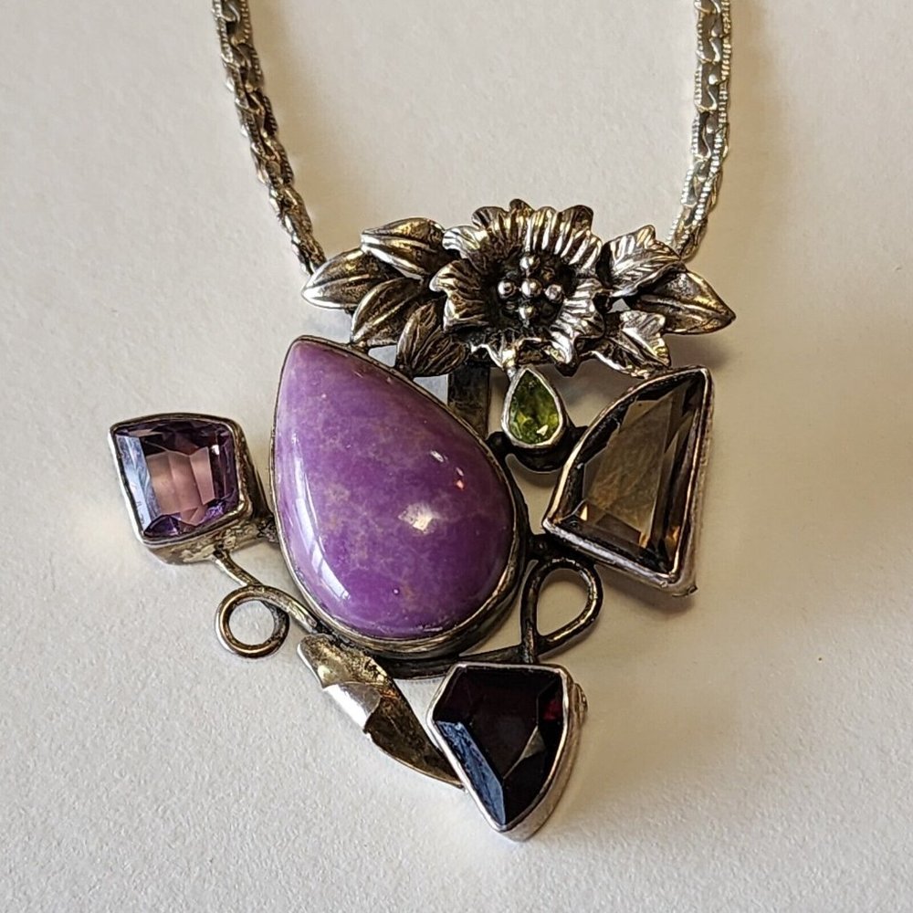 Vintage Sterling 925 Pendant Semi-precious Stones Floral Silver Work With 24... - Picture 11 of 16